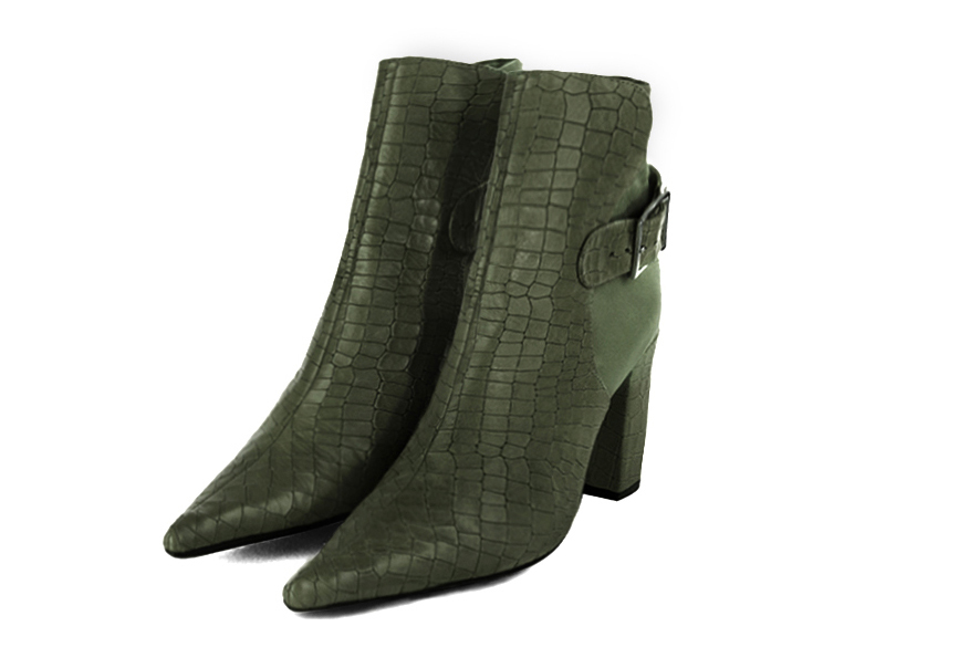 Boots femme : Boots avec des boucles à l'arrière couleur vert bouteille. Bout pointu. Talon haut bottier Vue avant - Florence KOOIJMAN