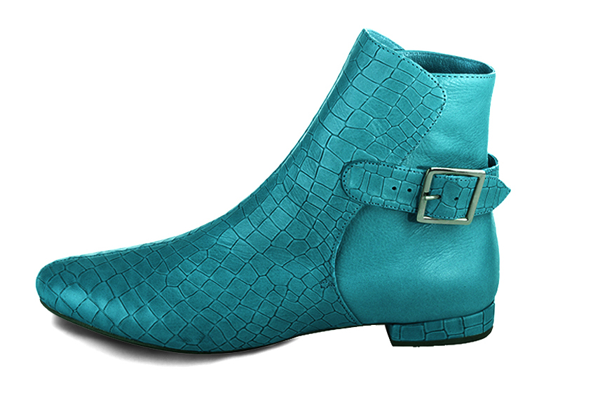 Boots femme : Boots avec des boucles à l'arrière couleur bleu turquoise. Bout rond. Talon plat bottier. Vue de profil - Florence KOOIJMAN