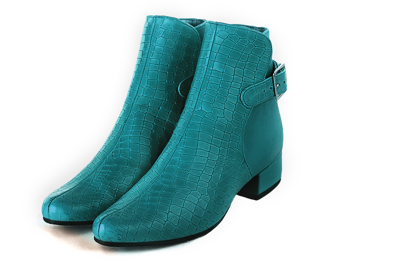 Boots femme : Boots avec des boucles à l'arrière couleur bleu turquoise. Bout rond. Petit talon bottier Vue avant - Florence KOOIJMAN