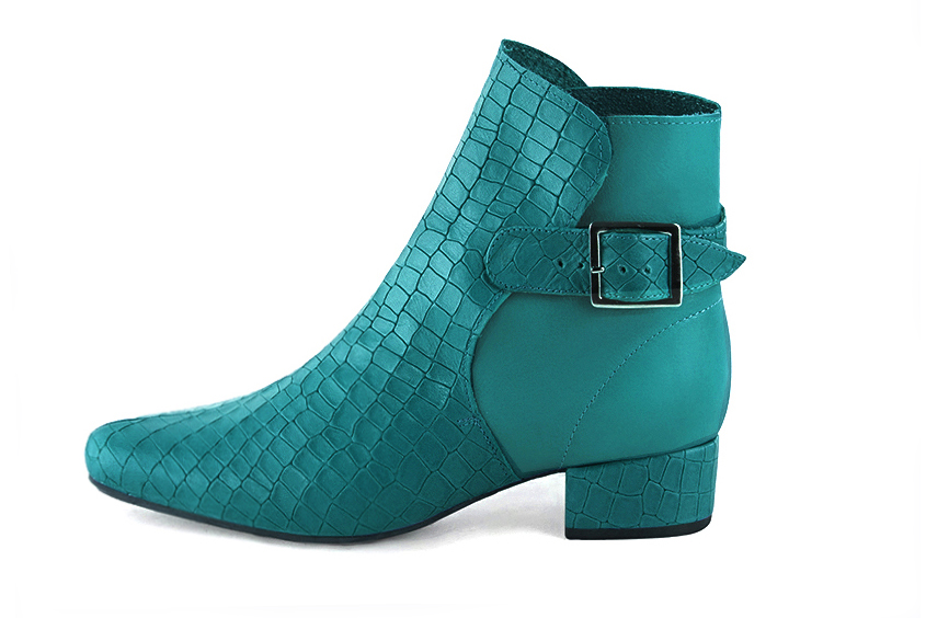 Boots femme : Boots avec des boucles à l'arrière couleur bleu turquoise. Bout rond. Petit talon bottier. Vue de profil - Florence KOOIJMAN