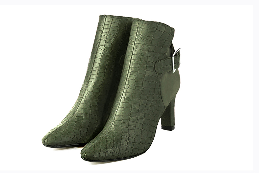Boots femme : Boots avec des boucles à l'arrière couleur vert bouteille. Bout rond. Talon haut trotteur Vue avant - Florence KOOIJMAN