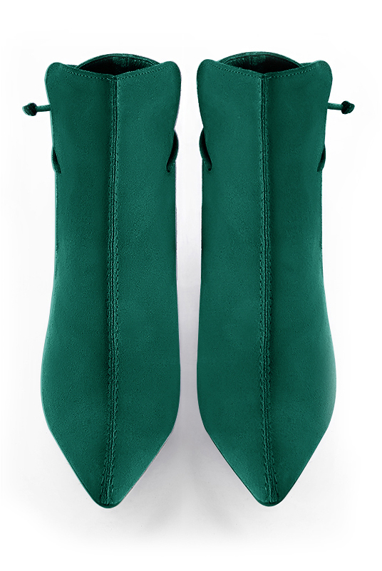 Boots femme : Bottines lacets à l'arrière couleur vert émeraude. Bout effilé. Talon haut évasé. Vue du dessus - Florence KOOIJMAN