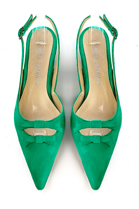 Chaussure femme à brides :  couleur vert émeraude. Bout pointu. Talon plat trotteur. Vue du dessus - Florence KOOIJMAN