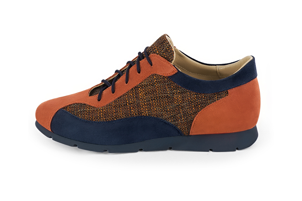 Basket femme habillée : Sneaker urbain tricolore couleur orange corail et bleu marine. Semelle fine. Doublure cuir. Vue de profil - Florence KOOIJMAN