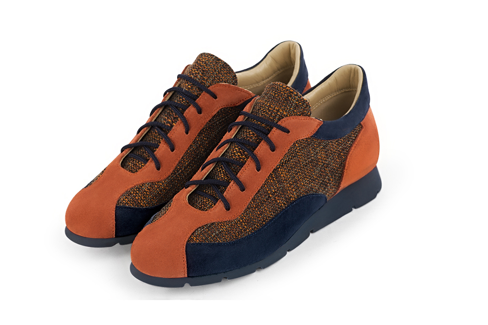 Basket femme habillée : Sneaker urbain tricolore couleur orange corail et bleu marine. Semelle fine. Doublure cuir Vue avant - Florence KOOIJMAN