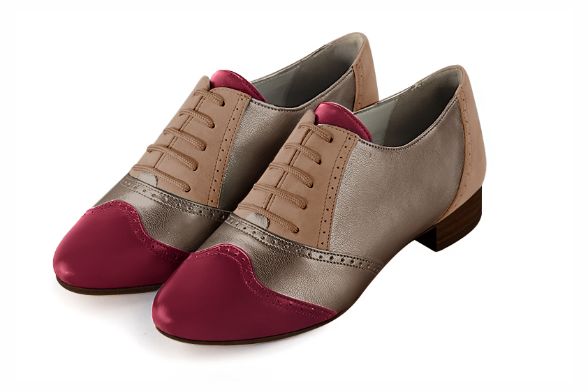 Chaussure femme à lacets : Derby original couleur rouge bordeaux, or mordoré et beige biscuit. Vue avant - Florence KOOIJMAN
