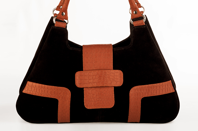 Luxueux grand sac à main, élégant et raffiné, coloris noir mat et orange corail. Personnalisation : Choix des cuirs et des couleurs. - Florence KOOIJMAN