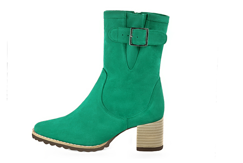 Boots femme : Boots avec des boucles sur le côté couleur vert émeraude. Bout rond. Talon mi-haut bottier. Vue de profil - Florence KOOIJMAN