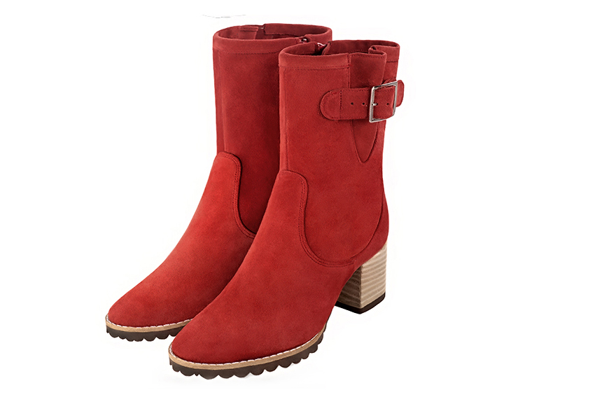 Boots femme : Boots avec des boucles sur le côté couleur rouge coquelicot. Bout rond. Talon mi-haut bottier Vue avant - Florence KOOIJMAN