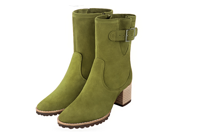 Boots femme : Boots avec des boucles sur le côté couleur vert pistache. Bout rond. Talon mi-haut bottier Vue avant - Florence KOOIJMAN