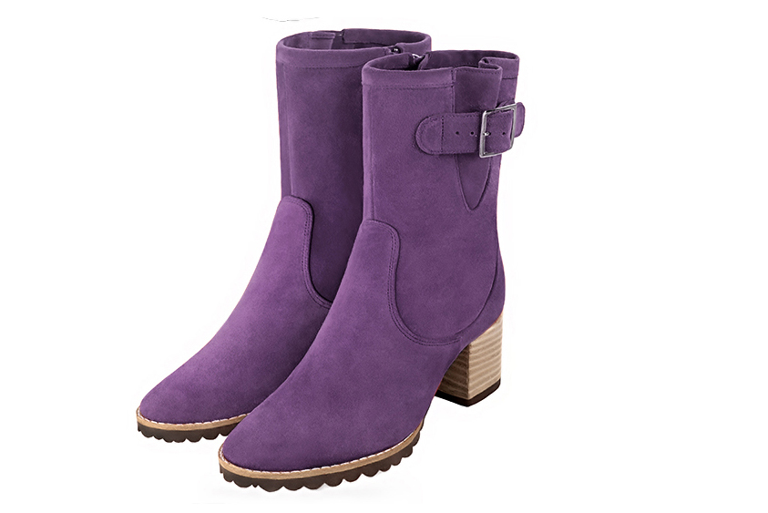 Boots femme : Boots avec des boucles sur le côté couleur violet améthyste. Bout rond. Talon mi-haut bottier Vue avant - Florence KOOIJMAN
