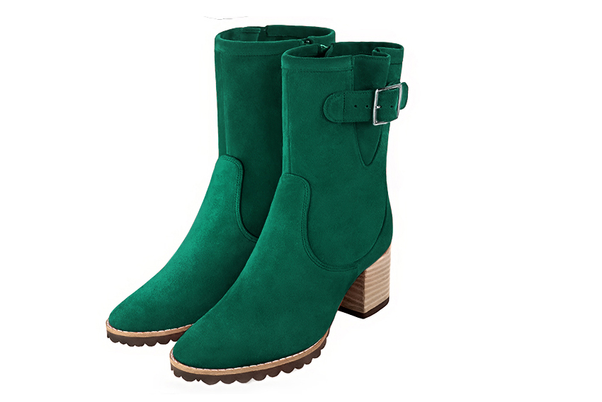 Boots femme : Boots avec des boucles sur le côté couleur vert émeraude. Bout rond. Talon mi-haut bottier Vue avant - Florence KOOIJMAN