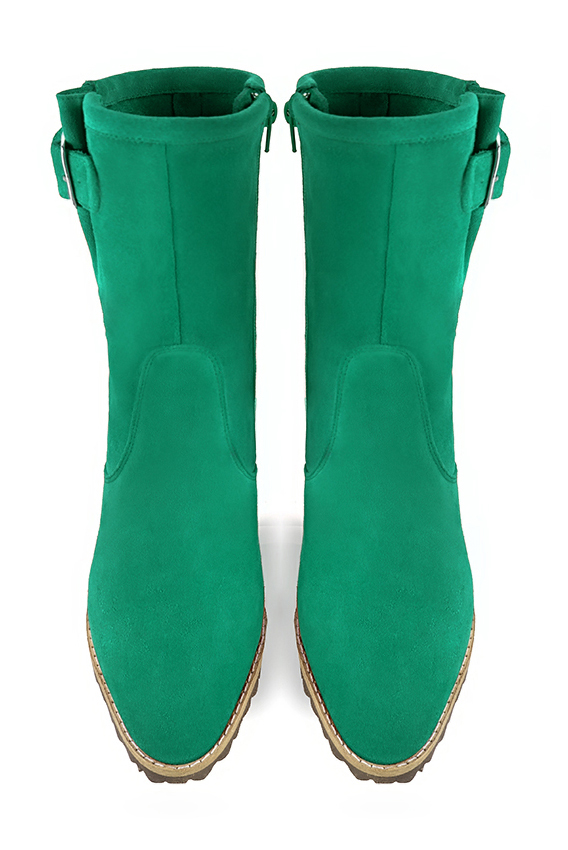 Boots femme : Boots avec des boucles sur le côté couleur vert émeraude. Bout rond. Talon mi-haut bottier. Vue du dessus - Florence KOOIJMAN