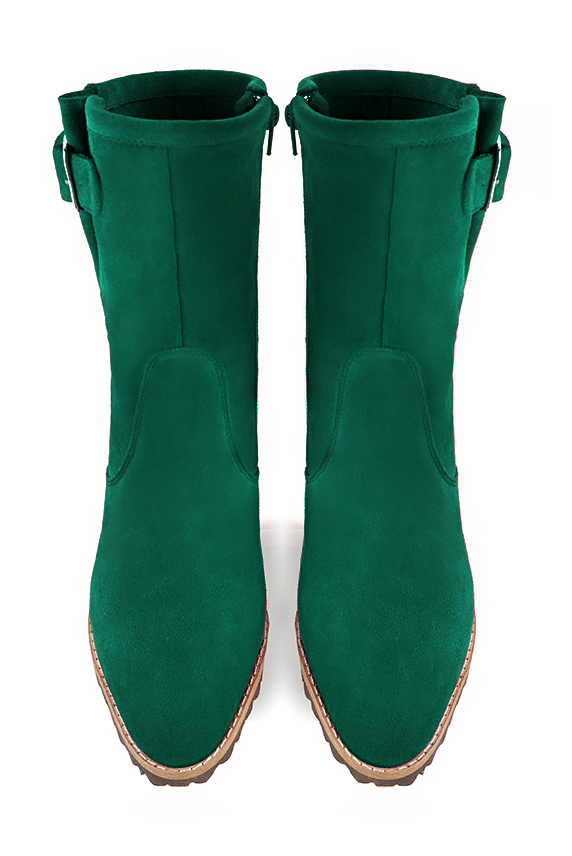 Boots femme : Boots avec des boucles sur le côté couleur vert émeraude. Bout rond. Talon mi-haut bottier. Vue du dessus - Florence KOOIJMAN