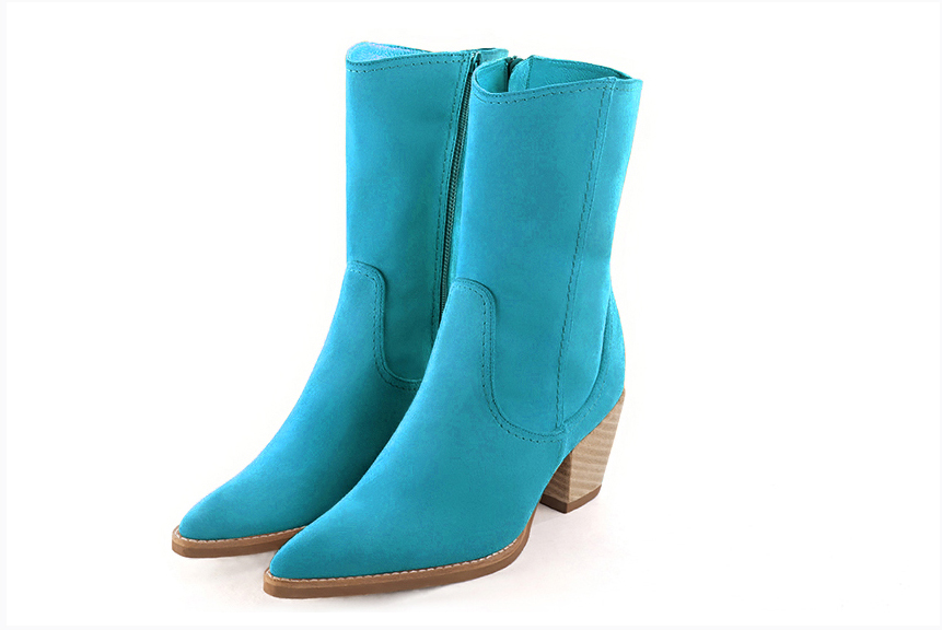 Boots femme : Boots fermeture éclair à l'intérieur couleur bleu turquoise. Bout effilé. Talon mi-haut conique Vue avant - Florence KOOIJMAN