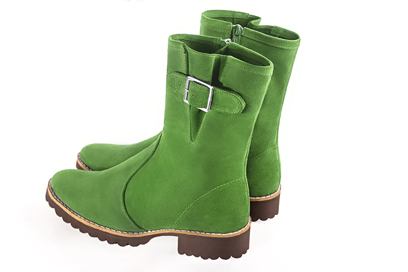 Boots femme : Boots avec des boucles sur le côté couleur vert anis. Bout rond. Semelle gomme talon plat. Vue arrière - Florence KOOIJMAN