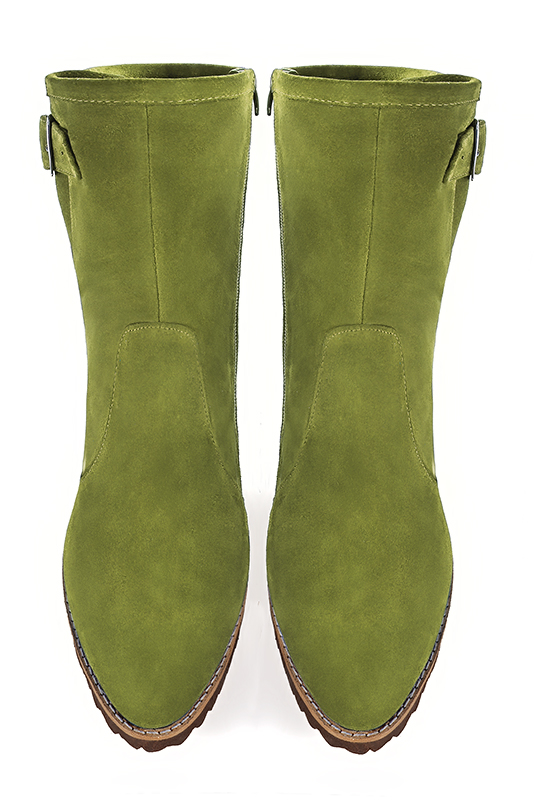 Boots femme : Boots avec des boucles sur le côté couleur vert pistache. Bout rond. Semelle gomme talon plat. Vue du dessus - Florence KOOIJMAN