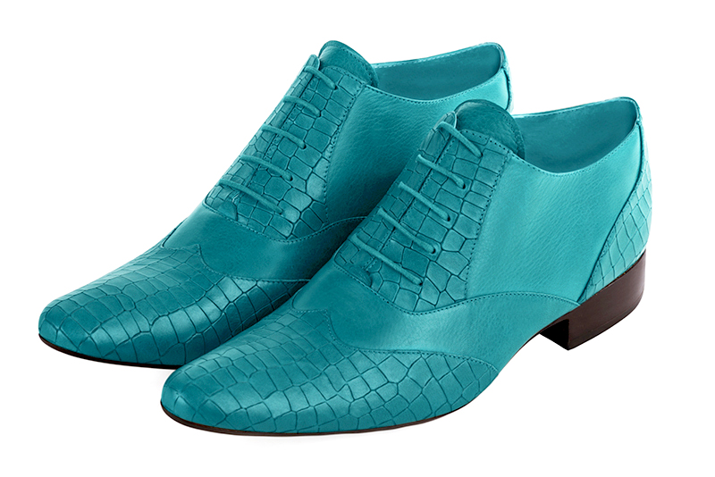 Chaussures homme à lacets type derbies ou richelieux :  couleur bleu turquoise. Semelle cuir talon plat. Bout rond - Florence KOOIJMAN