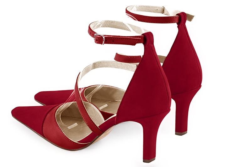 Chaussure femme à brides : Chaussure côtés ouverts bride serpent couleur rouge carmin. Bout effilé. Talon haut fin. Vue arrière - Florence KOOIJMAN