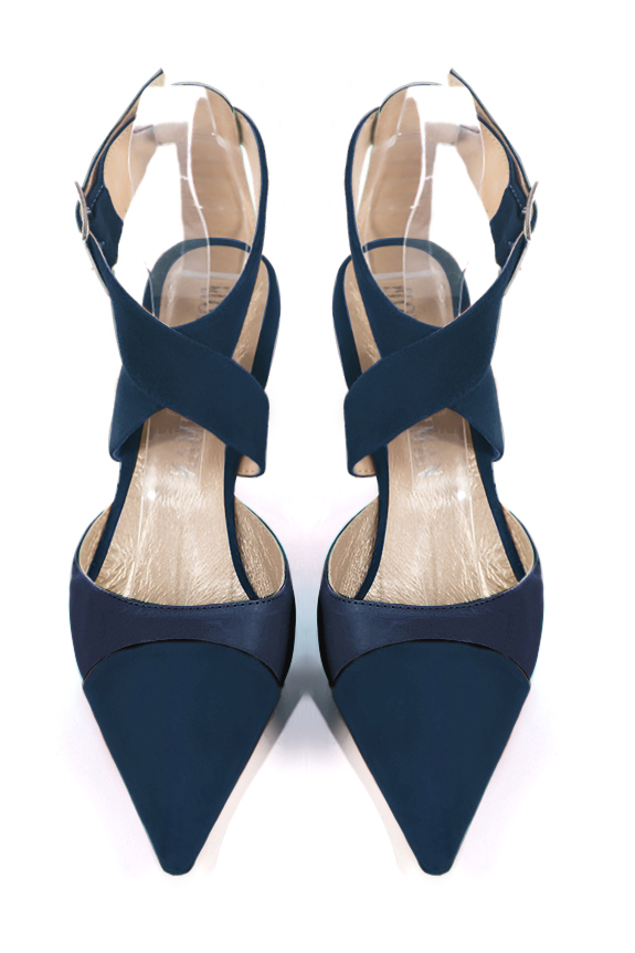 Chaussure femme à brides : Chaussure arrière ouvert avec des brides croisées couleur bleu marine. Bout pointu. Talon haut bobine. Vue du dessus - Florence KOOIJMAN