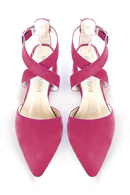 Chaussure femme à brides : Chaussure arrière ouvert avec des brides croisées couleur rose fuchsia. Bout effilé. Petit talon évasé. Vue du dessus - Florence KOOIJMAN
