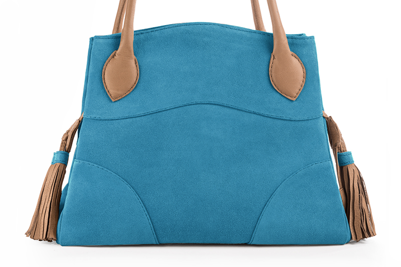 Luxueux grand sac à main, élégant et raffiné, coloris bleu turquoise et beige camel. Personnalisation : Choix des cuirs et des couleurs. - Florence KOOIJMAN