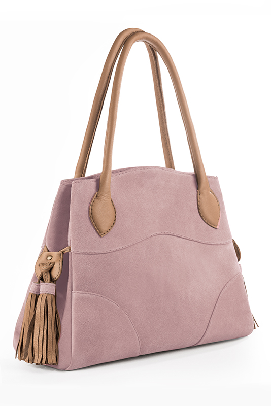 Luxueux grand sac à main, élégant et raffiné, coloris rose pâle et beige camel. Personnalisation : Choix des cuirs et des couleurs. - Florence KOOIJMAN