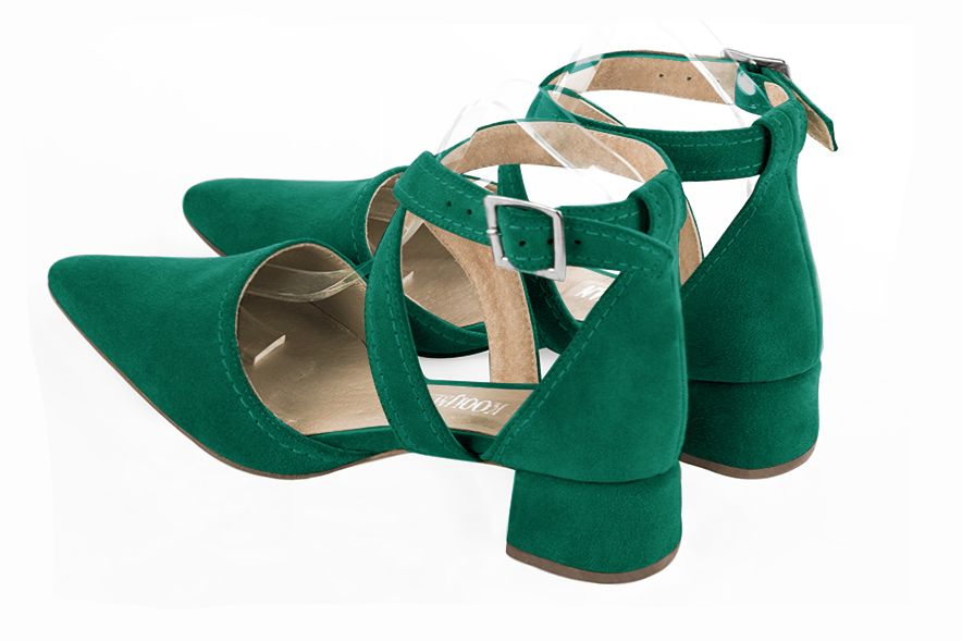Chaussure femme à brides : Chaussure côtés ouverts brides croisées couleur vert émeraude. Bout effilé. Petit talon évasé. Vue arrière - Florence KOOIJMAN