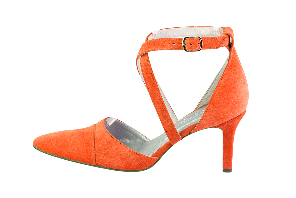 Chaussure femme à brides : Chaussure côtés ouverts brides croisées couleur orange clémentine. Bout effilé. Talon haut fin. Vue de profil - Florence KOOIJMAN