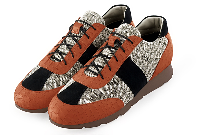 Sneaker homme : Basket homme tricolore urbaine couleur orange corail, gris cendre et noir mat. Semelle fine. Dessus et doublure cuir. Personnalisable - Florence KOOIJMAN