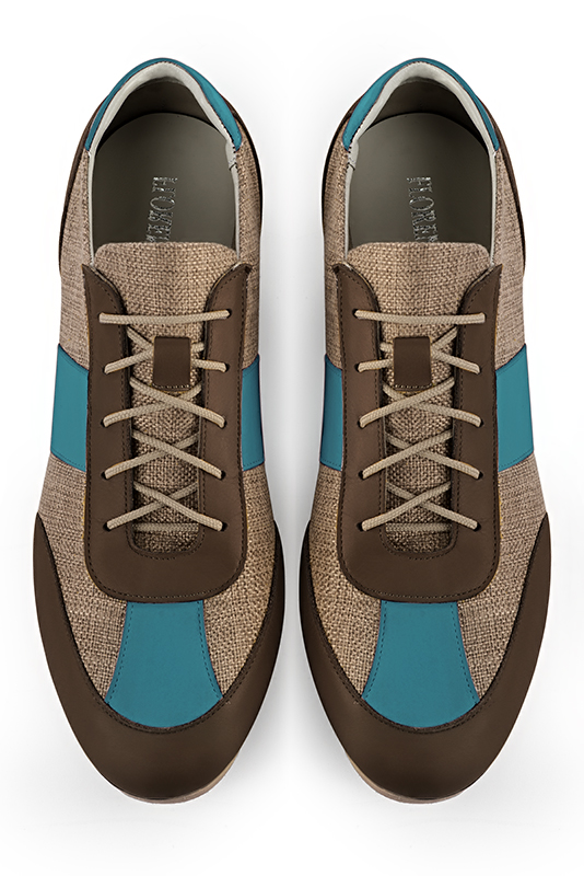 Basket homme habillée : Sneaker urbain bicolore couleur marron ébène et bleu canard. Semelle fine. Doublure cuir. Vue du dessus - Florence KOOIJMAN