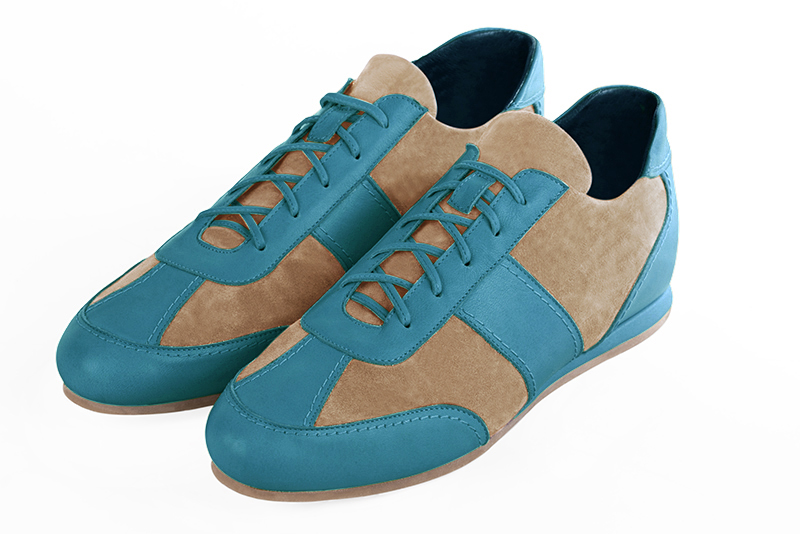Basket homme habillée : Sneaker urbain bicolore couleur bleu canard et beige sable. Semelle fine. Doublure cuir Vue avant - Florence KOOIJMAN