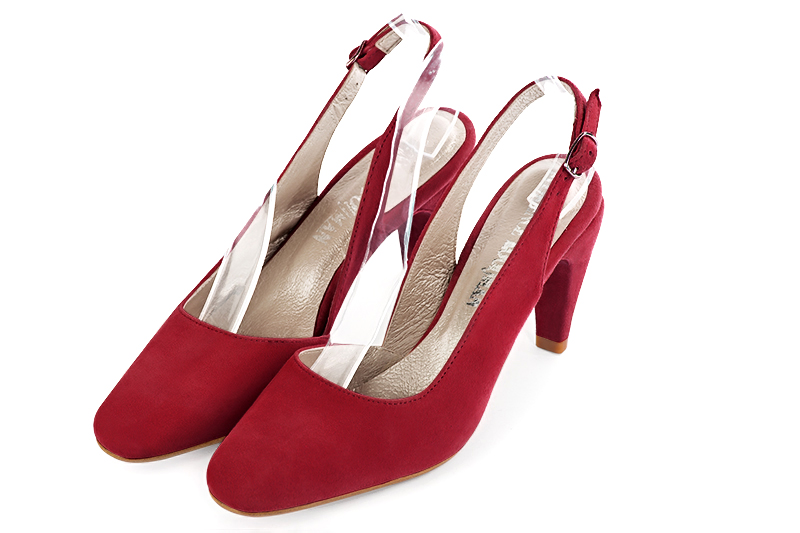 Chaussure femme à brides :  couleur rouge carmin. Bout rond. Talon haut fin Vue avant - Florence KOOIJMAN