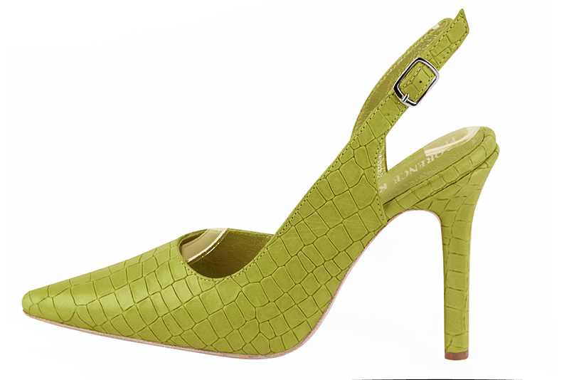 Chaussure femme à brides :  couleur vert pistache. Bout pointu. Talon très haut fin. Vue de profil - Florence KOOIJMAN