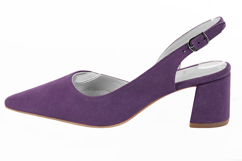 Chaussure femme à brides :  couleur violet améthyste. Bout pointu. Talon mi-haut évasé. Vue de profil - Florence KOOIJMAN