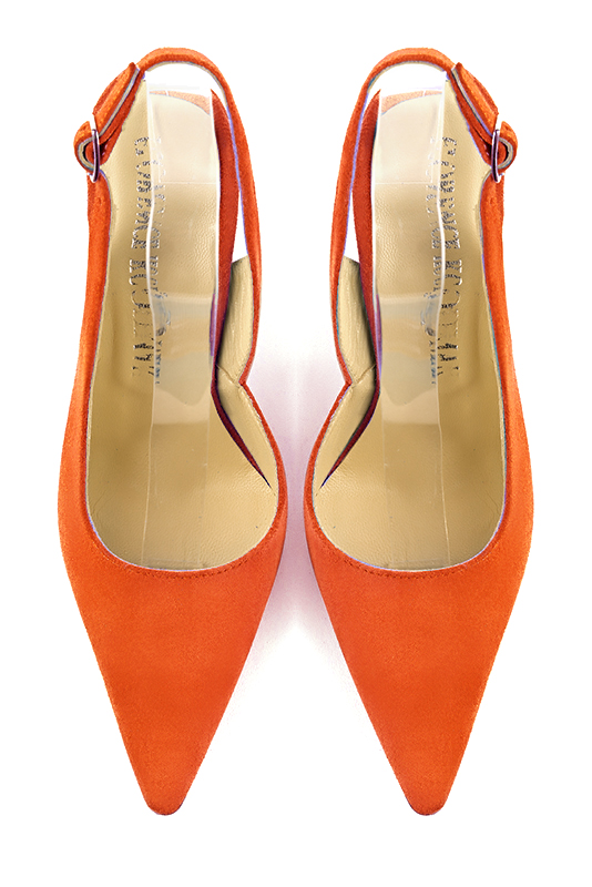 Chaussure femme à brides :  couleur orange clémentine. Bout pointu. Talon très haut compensé. Vue du dessus - Florence KOOIJMAN