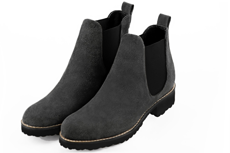 Boots homme : Bottines et boots homme élégantes et raffinées en couleur gris acier et noir mat. Bout rond. Semelle gomme talon plat Vue avant - Florence KOOIJMAN
