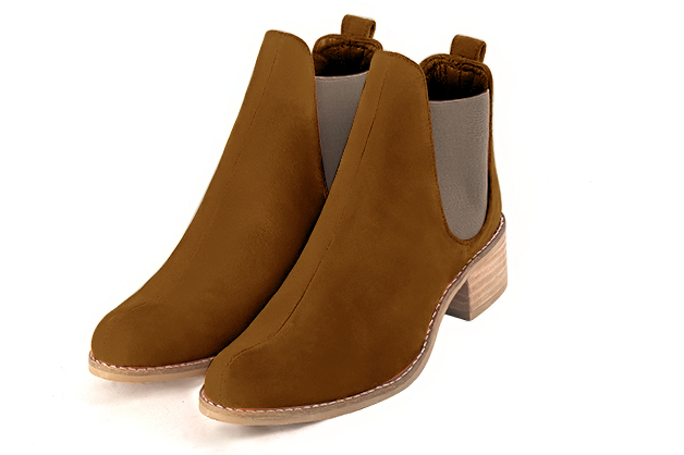 Boots femme : Boots élastiques sur les côtés couleur marron caramel et beige mastic. Bout rond. Semelle cuir petit talon Vue avant - Florence KOOIJMAN