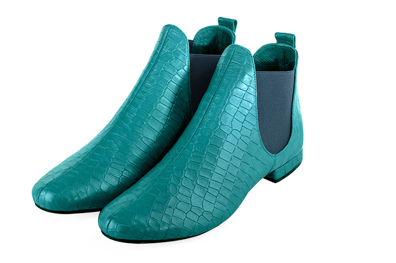 Boots femme : Boots élastiques sur les côtés couleur bleu turquoise. Bout rond. Talon plat bottier Vue avant - Florence KOOIJMAN