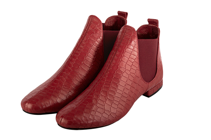 Boots femme : Boots élastiques sur les côtés couleur rouge coquelicot. Bout rond. Talon plat bottier Vue avant - Florence KOOIJMAN