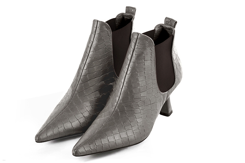 Boots femme : Boots élastiques sur les côtés couleur gris cendre et marron ébène. Bout pointu. Talon mi-haut bobine Vue avant - Florence KOOIJMAN