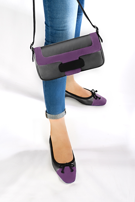 Luxueux petit sac à main, élégant et raffiné, coloris argent titane, violet améthyste et noir mat. Personnalisation : Choix des cuirs et des couleurs. - Florence KOOIJMAN