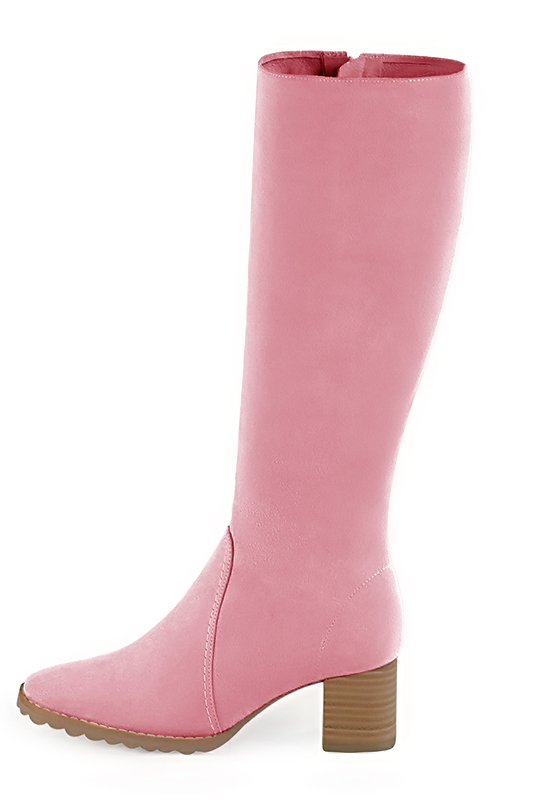 Botte femme : Bottes femme cavalières sur mesures couleur rose camélia. Bout rond. Talon mi-haut bottier. Vue de profil - Florence KOOIJMAN