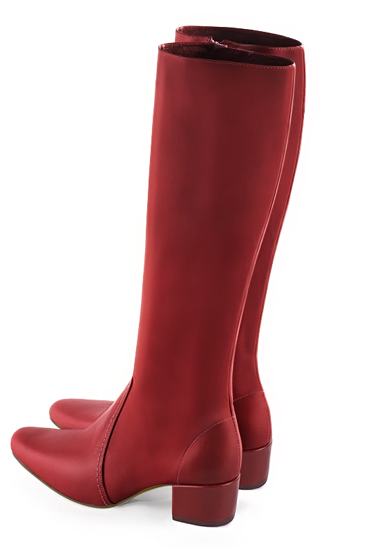 Botte femme : Bottes femme féminines sur mesures couleur rouge coquelicot. Bout rond. Petit talon bottier. Vue arrière - Florence KOOIJMAN