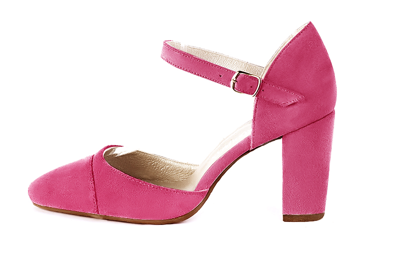 Chaussure femme à brides : Chaussure côtés ouverts bride cou-de-pied couleur rose fuchsia. Bout rond. Talon haut bottier. Vue de profil - Florence KOOIJMAN