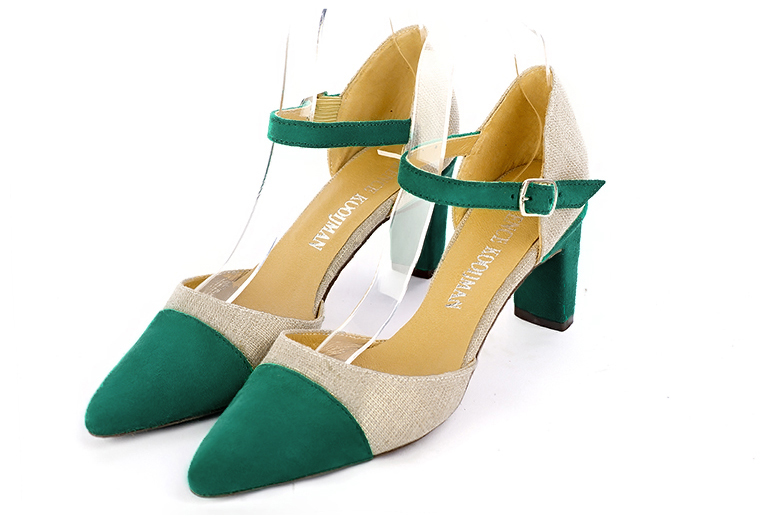 Chaussure femme à brides : Chaussure côtés ouverts bride cou-de-pied couleur vert émeraude et or doré. Bout effilé. Talon mi-haut virgule Vue avant - Florence KOOIJMAN