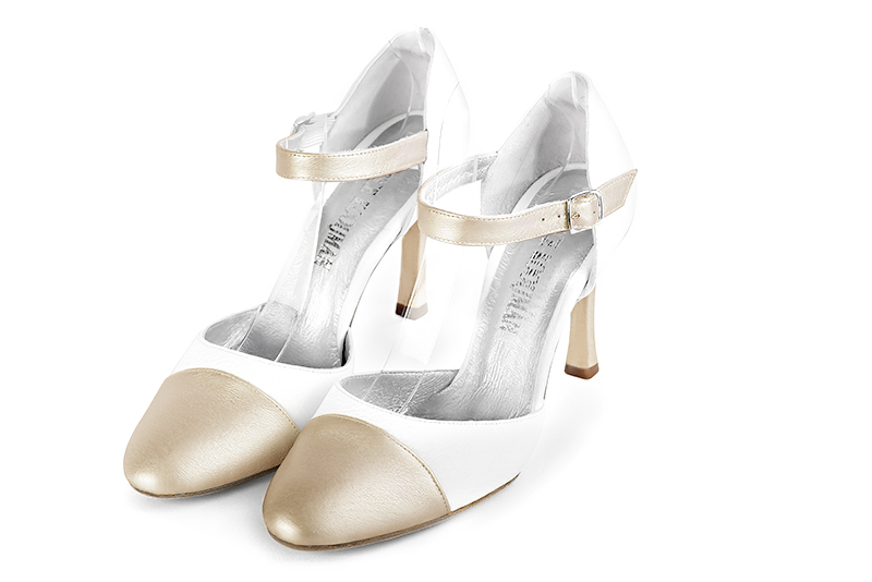 Chaussure femme à brides : Chaussure côtés ouverts bride cou-de-pied couleur or doré et blanc pur. Bout rond. Talon très haut fin Vue avant - Florence KOOIJMAN