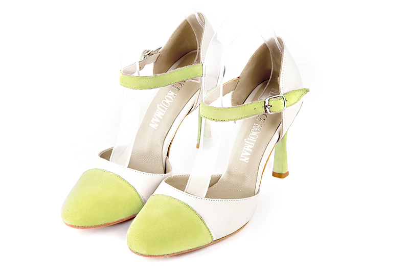 Chaussure femme à brides : Chaussure côtés ouverts bride cou-de-pied couleur vert pistache et blanc cassé. Bout rond. Talon très haut fin Vue avant - Florence KOOIJMAN