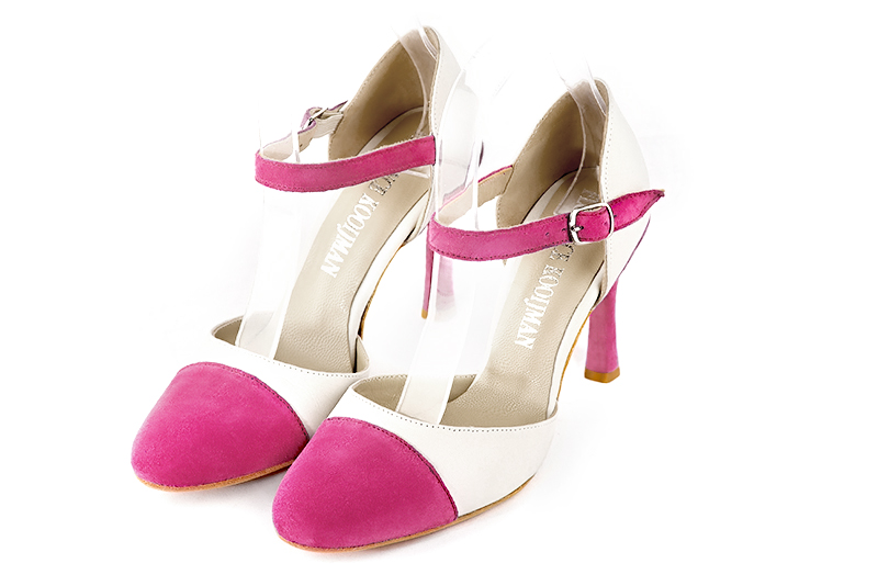 Chaussure femme à brides : Chaussure côtés ouverts bride cou-de-pied couleur rose fuchsia et blanc cassé. Bout rond. Talon très haut fin Vue avant - Florence KOOIJMAN