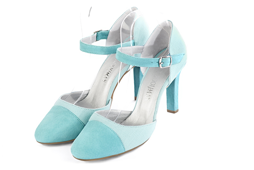 Chaussure femme à brides : Chaussure côtés ouverts bride cou-de-pied couleur bleu lagon. Bout rond. Talon très haut fin Vue avant - Florence KOOIJMAN